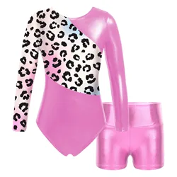 Kids Girls Gymnastics Leotards Bodysuit Bronzing Long Sleeves Ballet Dance Set Workout Figure Skating Unitard with Shorts Outfit