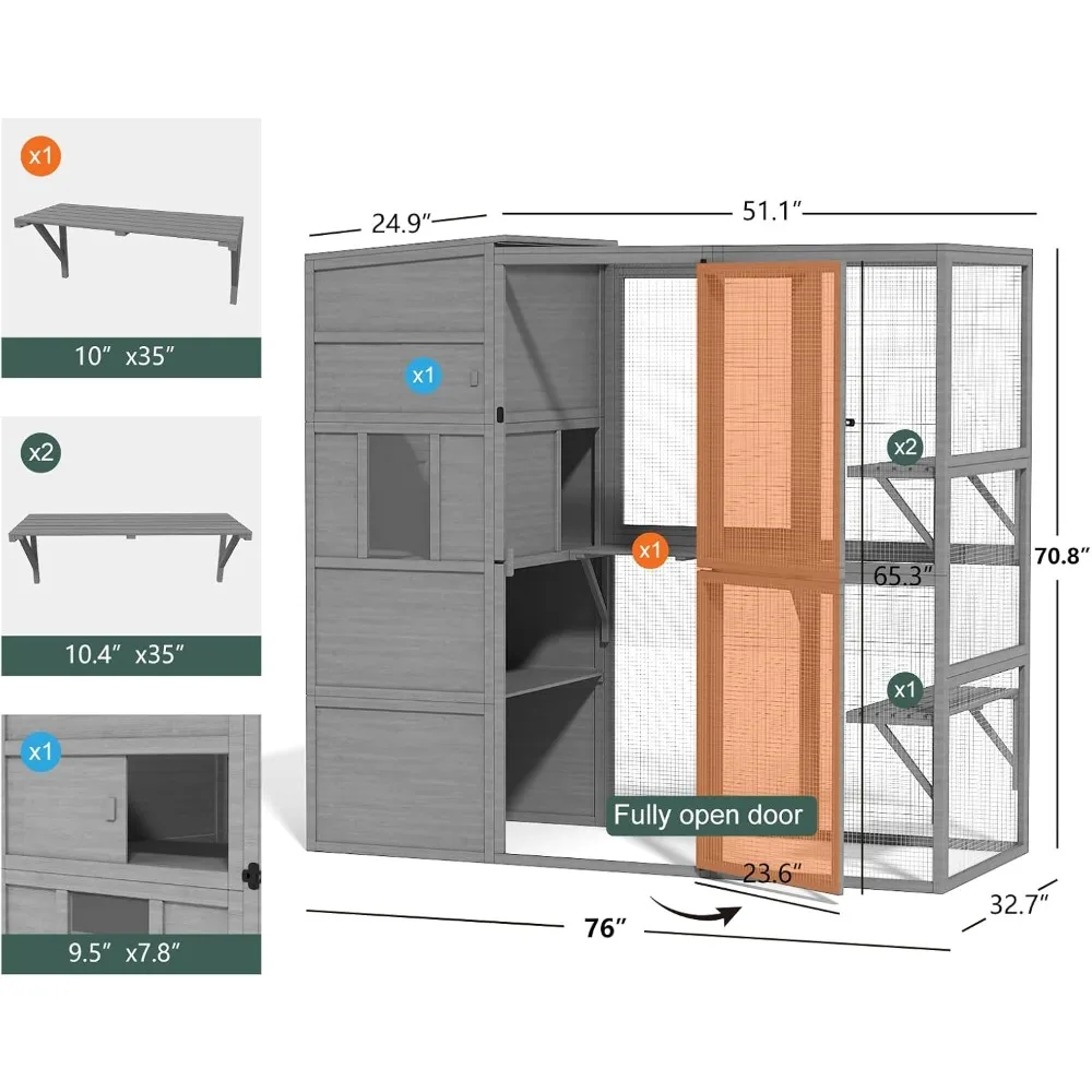 Large Cat Catio, 4 Tier Cat Enclosures House for Outdoor Indoor Cats with Weatherproof Roof, 3 Resting Rooms, 3 Platforms,