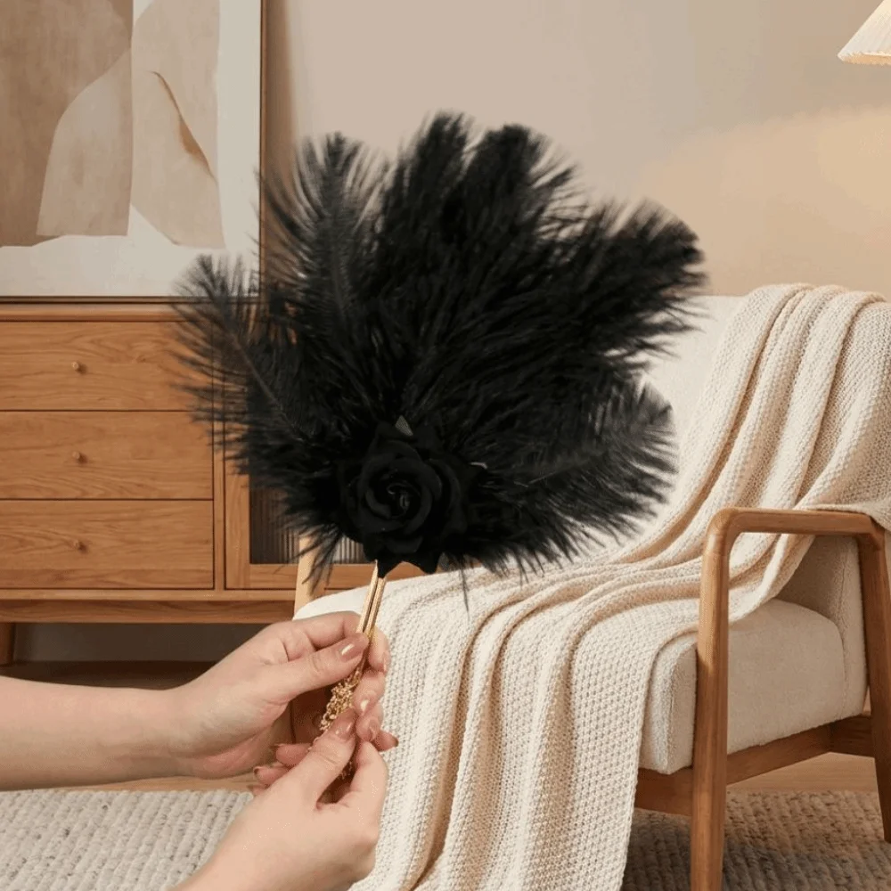 Gold Handle Ostrich Feather Fan Soft Fluffy Handmade Craft Feather Rose Fan Artificial Rose Chinese Hand Fan Fan Wedding Events