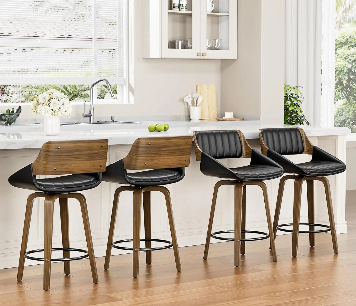 

Bar Stools Set Of 4, 26" Swivel Counter Height Barstools With Bentwood Back And Legs, Mid Century Modern, Customized