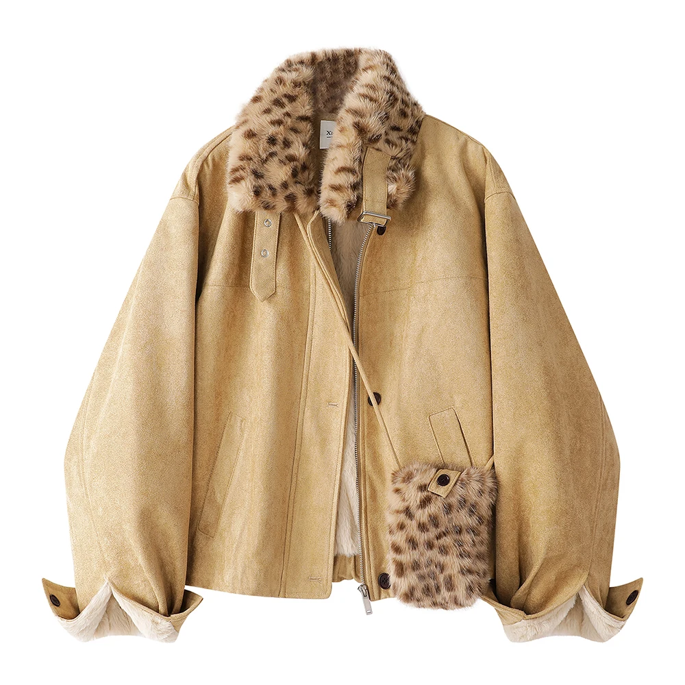 

Faux Suede Short Jacket for Women Winter Thick Fleece Coat Oversized Outerwear with Leopard Fur Collar Warm Trendy Zip Up Jacket