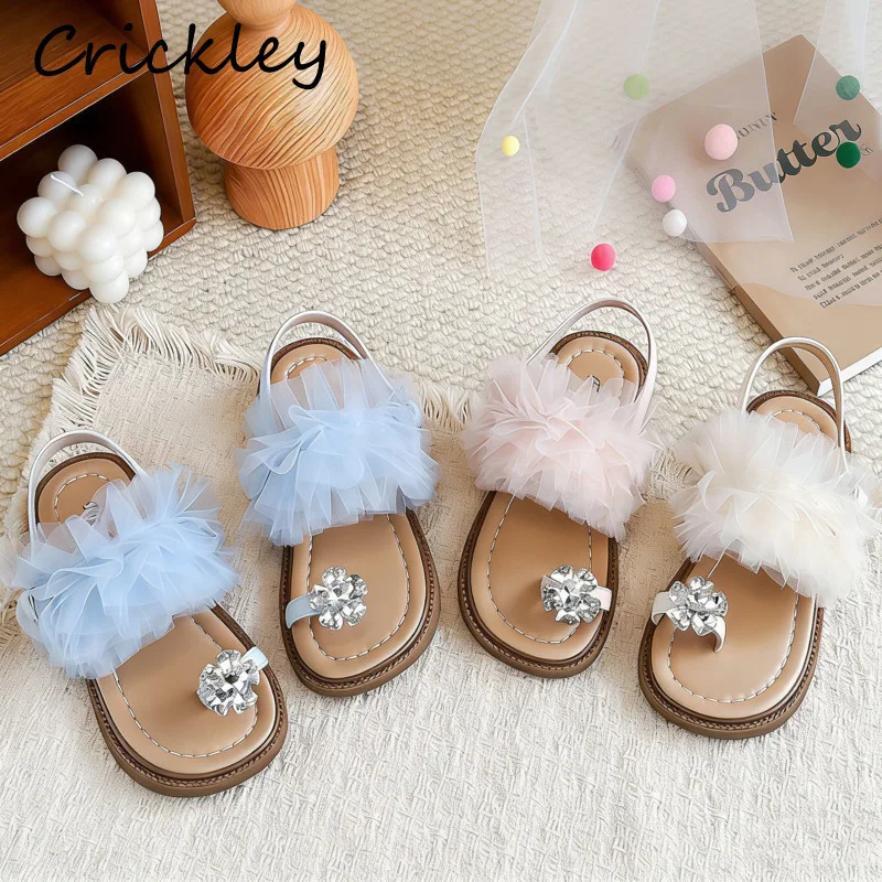 

Ruffles Lace Girls Fashion Sandals Flowers Crystal Princess Shoes For Children Summer Anti Slip Soft Kids Flip Flops Sandals