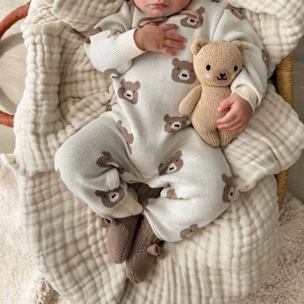 2026 Autumn Winter New Baby Long Sleeve Knitted Romper Infant Boy Girl Cute Cartoon Bear Jumpsuit Toddler Clothes 0-24M