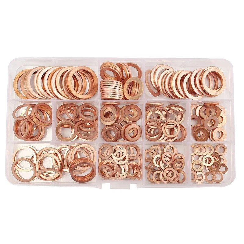 280pcs Copper Washers Copper Sealing Washer 12 Sizes Assorted Solid Copper Crush Washers Seal Flat Ring Set with Case