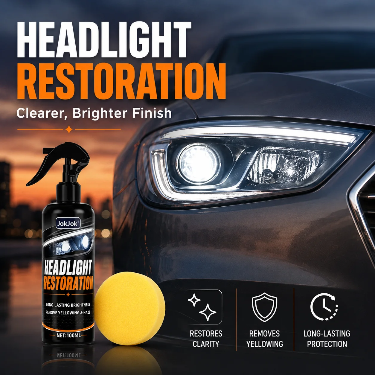 Headlight Renovation Spray Removes Yellowing and Oxidation, Restores Dim Faded Lights. Repairs Car Headlights, Taillights & Plas