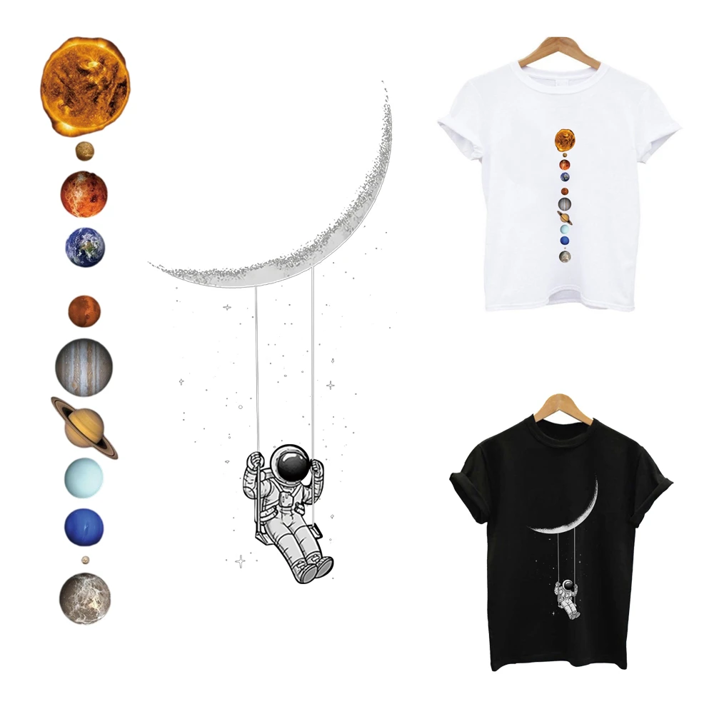 2Pcs/Lot Solar System Sci-fi Astronaut Iron On Patches Heat Adhesive Thermal Transfer Ironing T Shirt Sticker Children's Clothes