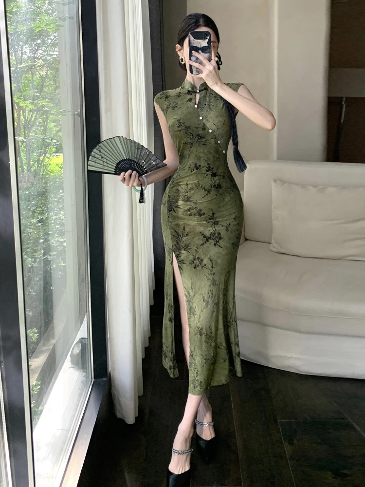 

Sexy Vintage High-End Chinese Sle Velvet Improved Dr Women's Wrap Body Long Skirt Sexy Split Waist Cinched Sum...