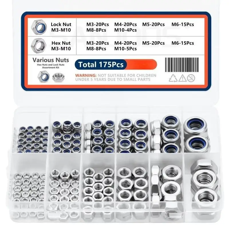 175pcs Locknuts & Hex Nuts Assortment Kit M3 M4 M5 M6 M8 M10 Stainless Steel Assorted Metric Nylon Insert Lock & Hex Nut Set