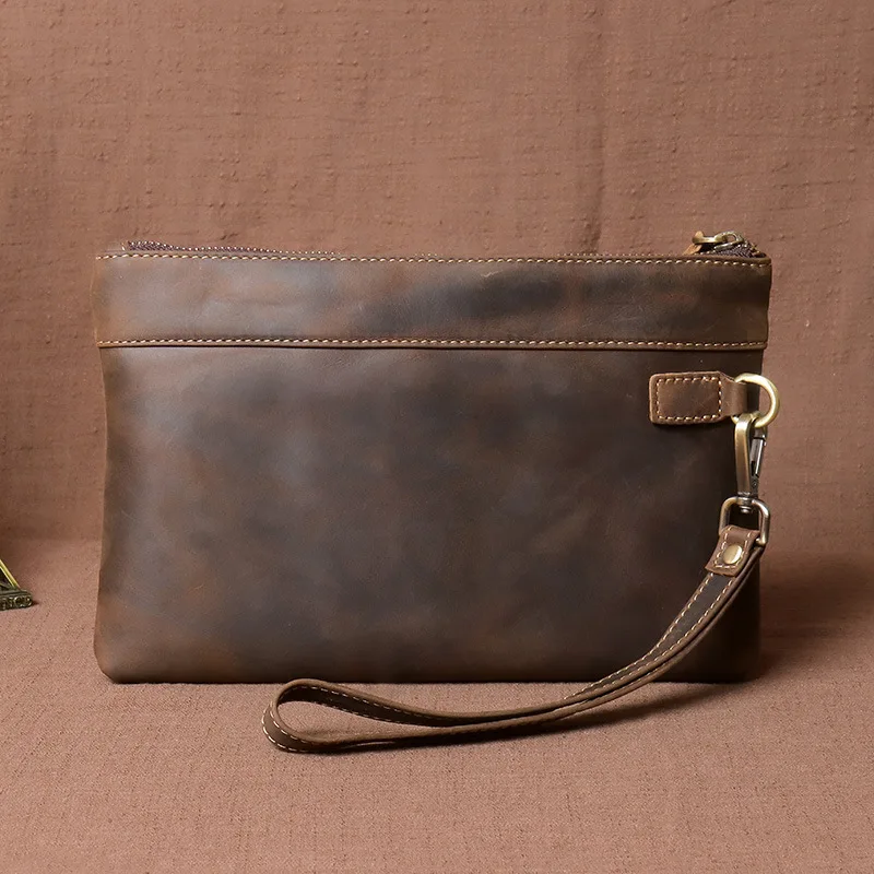 Vintage Crazy Horse Leather Men's Clutch with Large Capacity