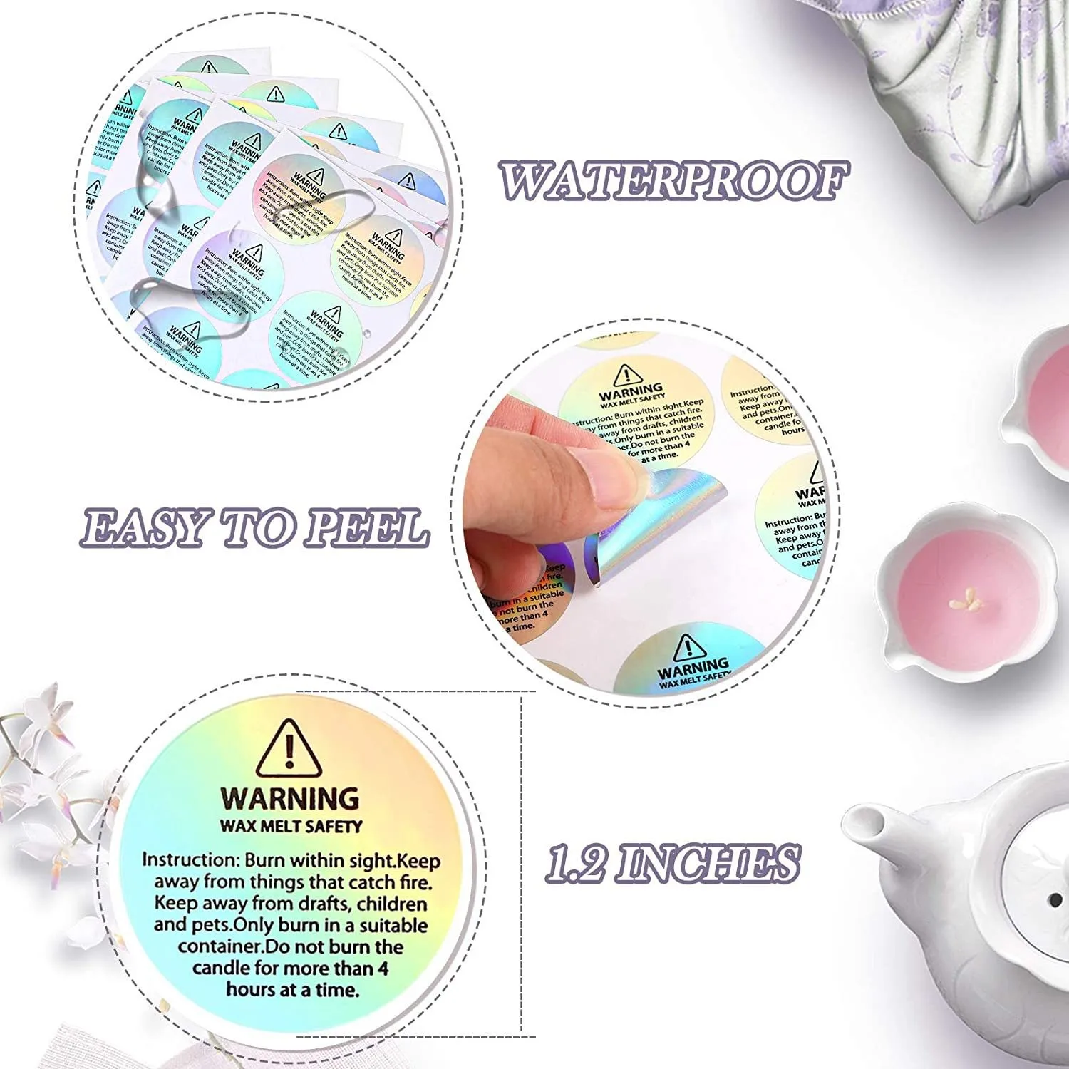 Holographic 96 Pcs Candle Warning Labels Candle Jar Container Stickers Wax Melting Safety Stickers for Jars Tins.