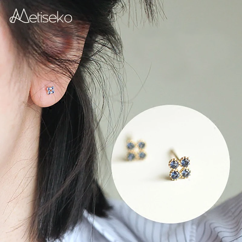 

Metiseko 925 Sterling Silver Plated 14K Gold Stud Earrings Mini Sapphire Colour Cubic Zirconia Earrings Retro Elegant for Women