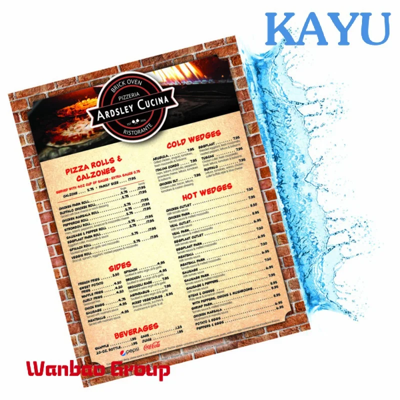 Custom  Polyester Plastic Waterproof Brochure Printing Custom Restaurant Menu