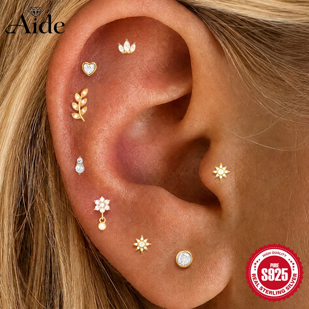 AIDE 925 Sterling Silver Branch/Star/Crown CA Zircon Nose Nail Women's Cartilage Spiral Piercing Earring Back To School Season