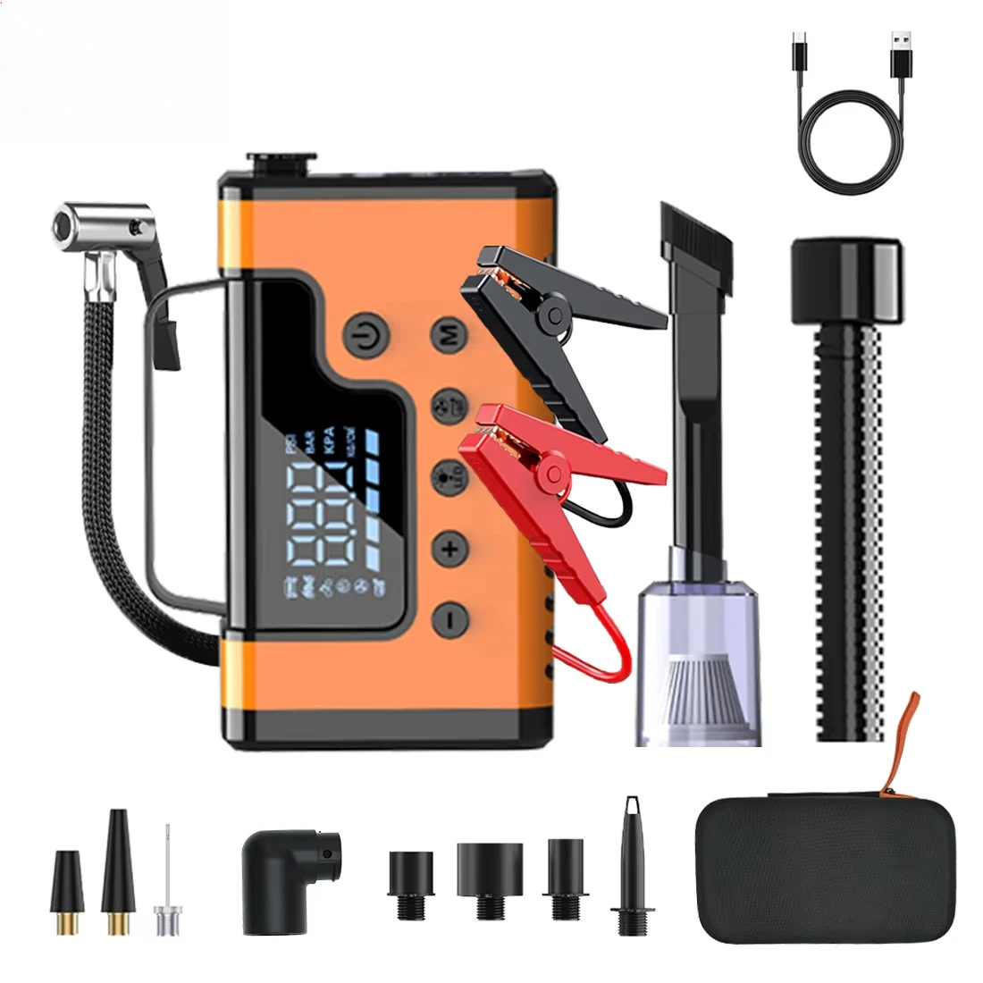

8 in 1 Car Jump Starter 3000A with Car Vacuum Cleaner, Air Compressor, Blower Jump Starter with Power Bank, LED Light