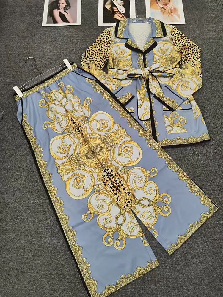 Camisa de pijama com gravata estampada retrô do designer conjunto de duas peças para outono 2025 roupas femininas + calças soltas de pernas largas conjunto de moda