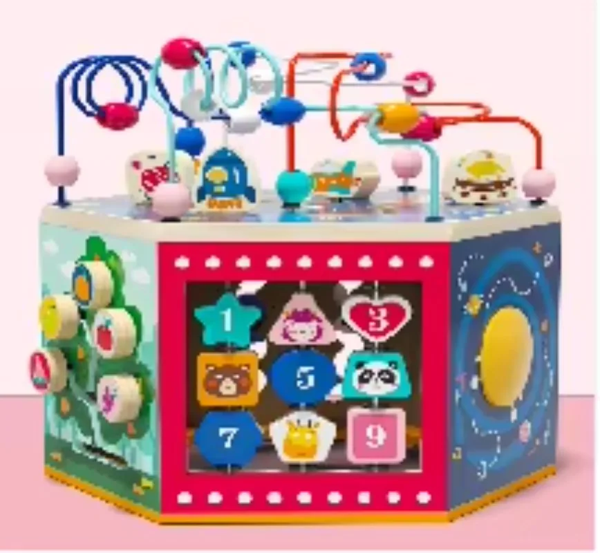 6 Sides Montessori Educational Maze Beads Wooden Child Safety Seat Angle Adjuster Activity Cube Adjustable Regulator for Kid