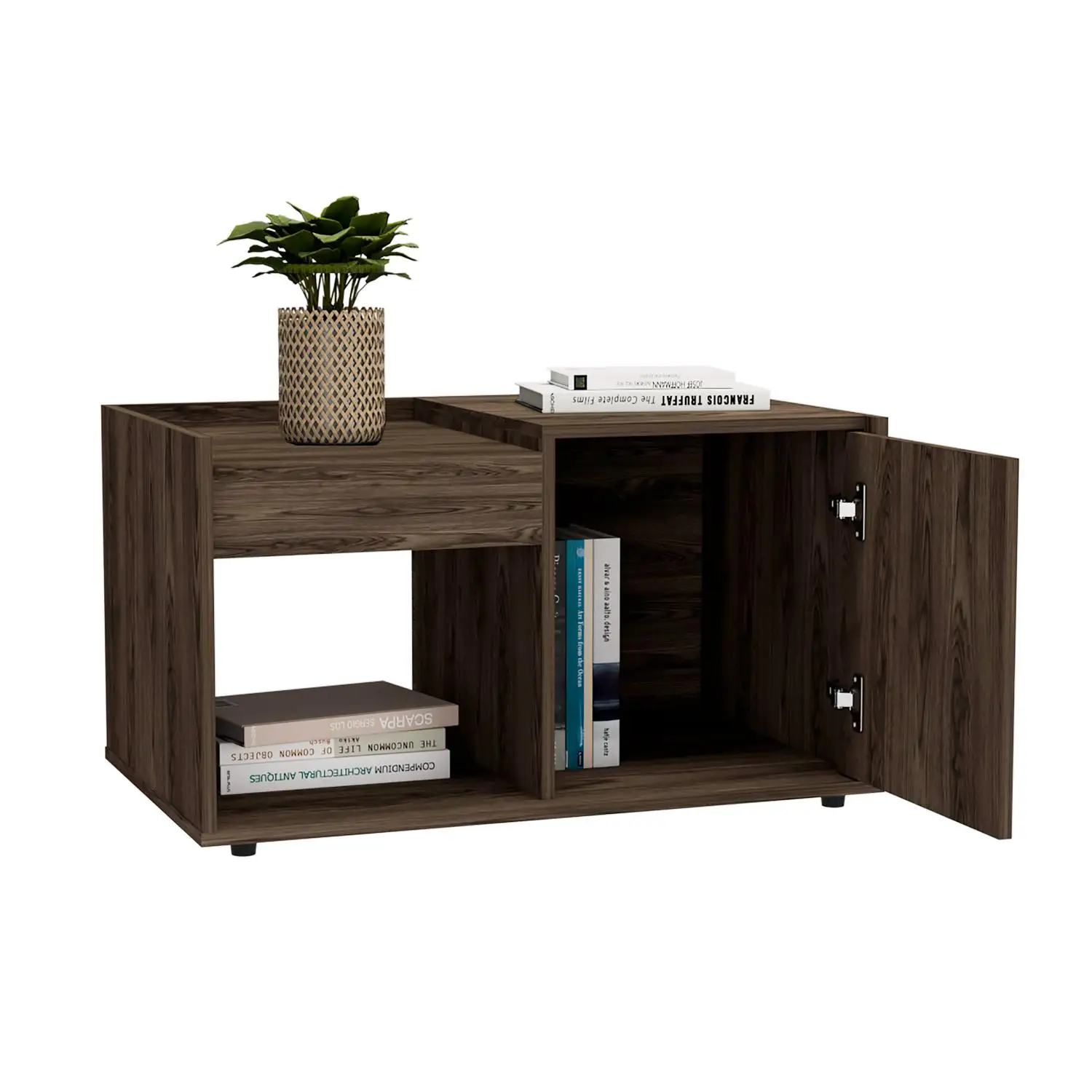 Lyon Coffee Table, Single Door Cabinet, One Open Shelf Dark Walnut