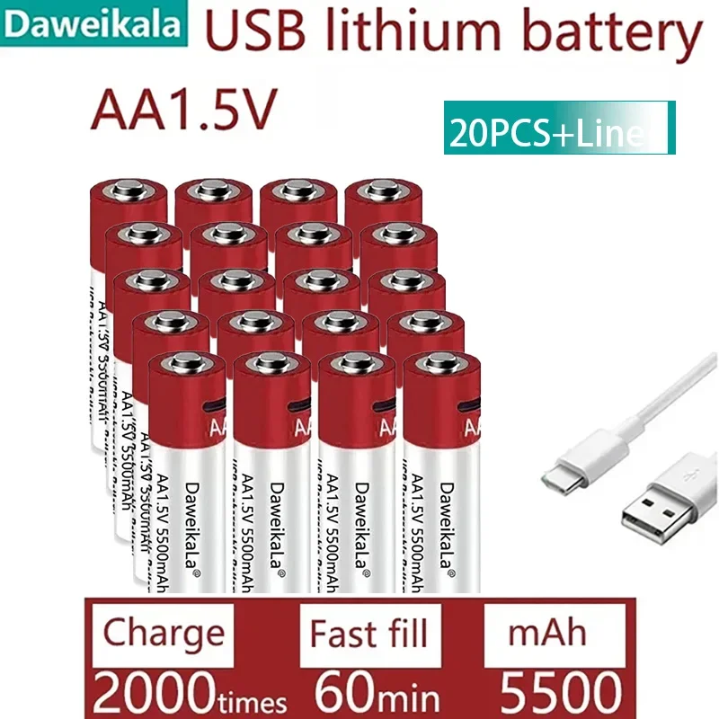 

НОВЫЙ литий-ионный аккумулятор AA USB с быстрой зарядкой 1,5 В AA 5500 мАч для игрушек MP3-плеер термометр клавиатура + кабель