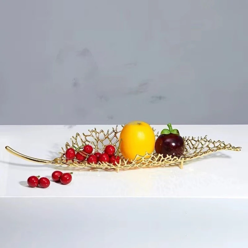 Metal Fruit Tray Leaf Shape Gold Hollow Coral Storage Jewelry Plate Desktop Handicraft Ornaments Home Decoration