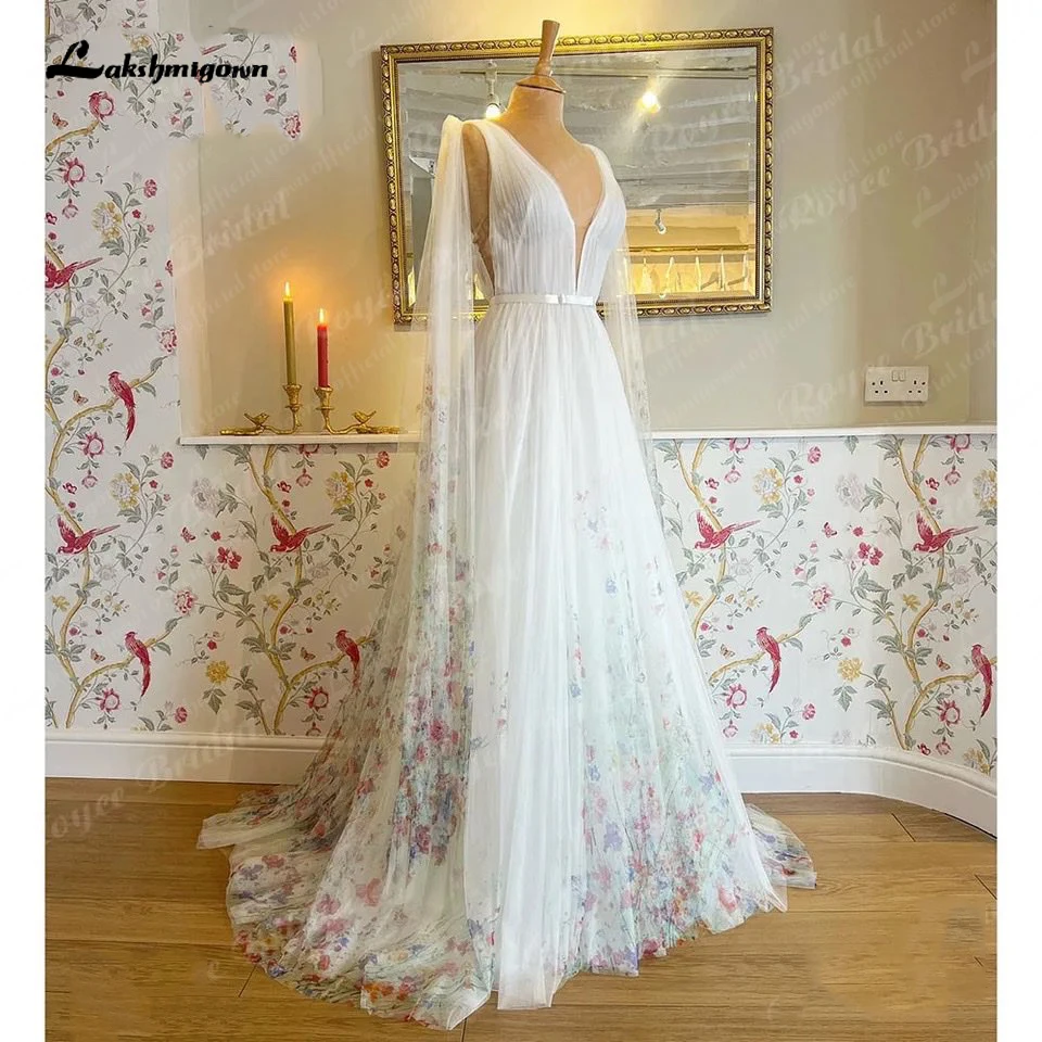 Lakshmigown Tiefer V-Ausschnitt A-Linie Boho Strand Blumenmuster Hochzeitskleid für Frauen Maßgeschneiderte Standesbrautkleider vestido fiesta – Detail 5