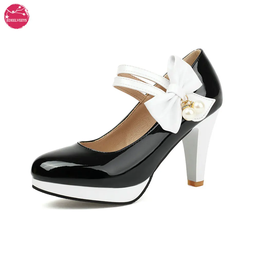 

Women Chic Mary Jane Shoes Ladies Patent Leather Block High Heel Sweet Ankle Strap Dress Pumps Hook Loop Bow Heels Closed Toe