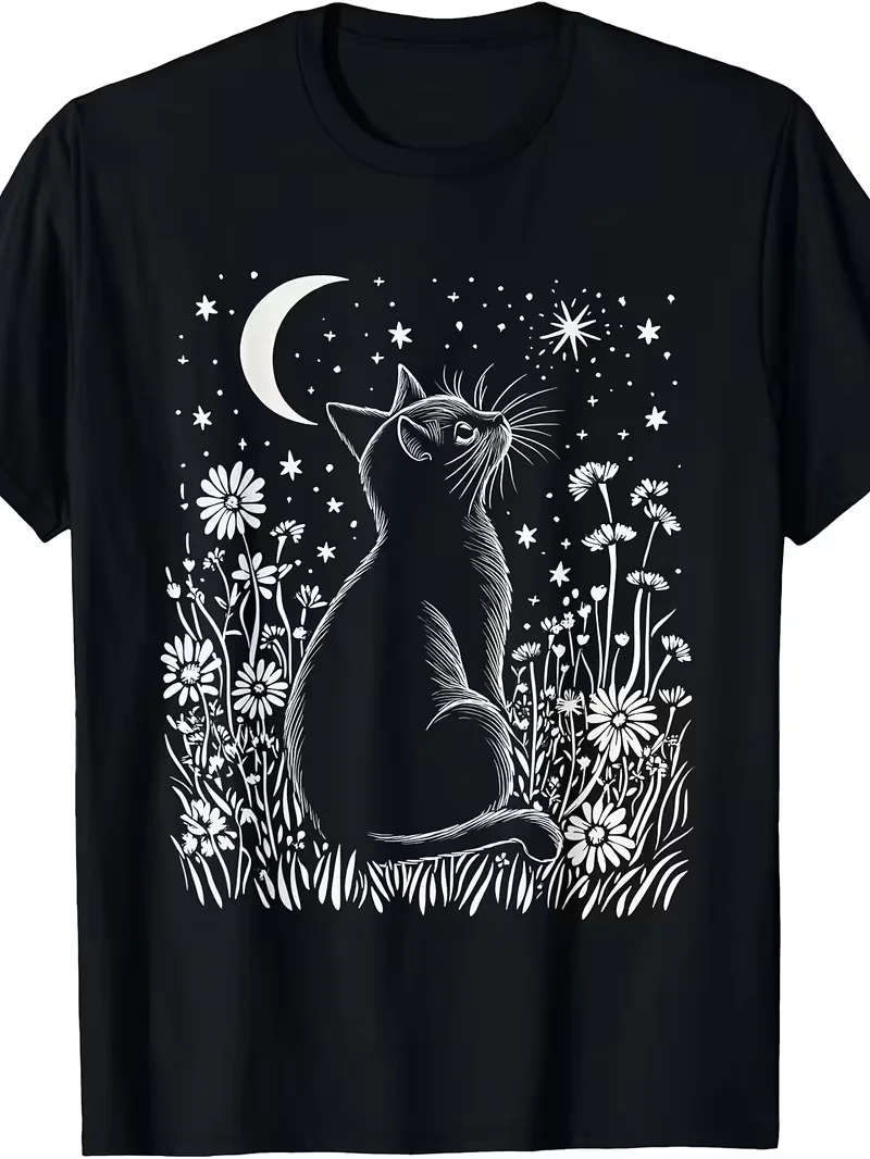 Gothic Black Cat Moon T-shirt Enchanted Floral Crescent Moon and Galaxy Graphic Short Sleeve Tops All Season Witchy Casual Wear