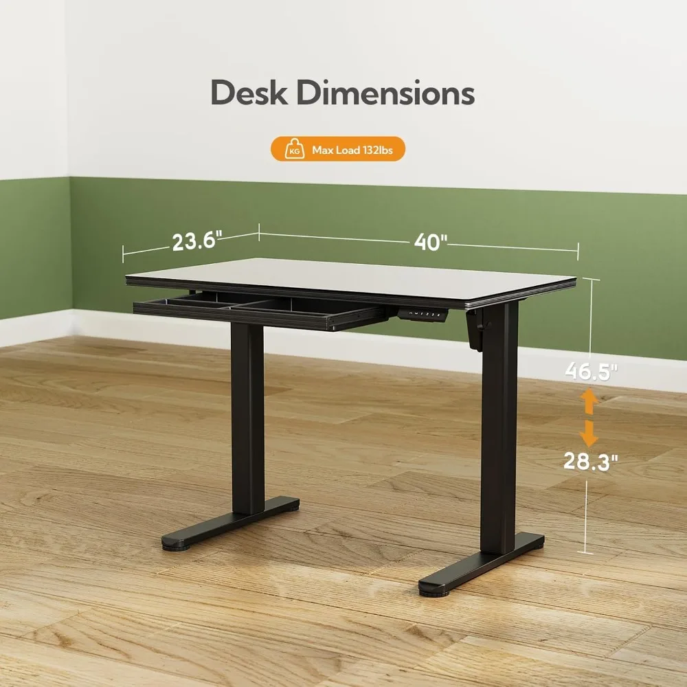 مكتب قائم قابل للتعديل بارتفاع كهربائي، سطح زجاجي مقاس 40 × 24 مع أدراج #3