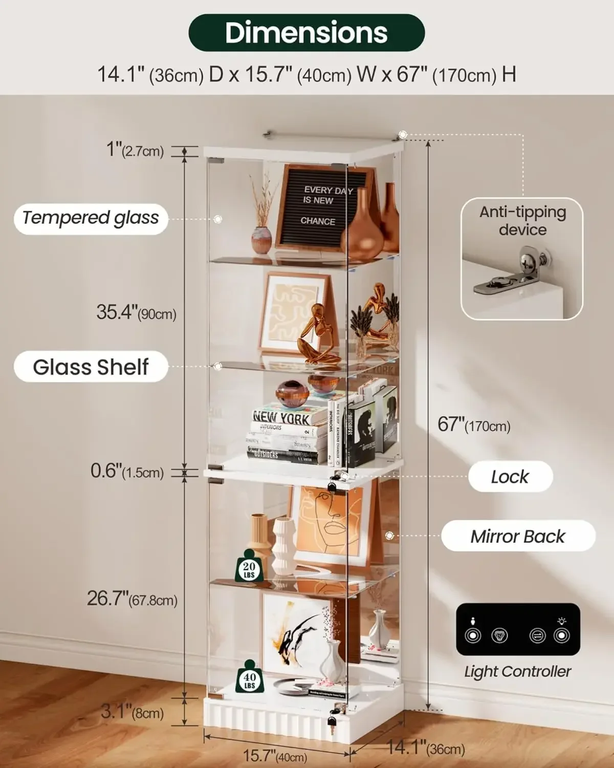 White Lockable Glass Display Cabinet With 5 Tier Shelves RGB Motion Sensor Light For Collectibles