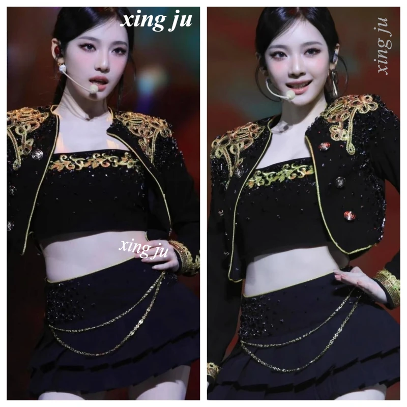 

Kpop Korean Singer Jazz Dance Sexy Short Coat Slim Vest High Waist Pleated Skirt Women Nightclub DJ Stage Performance Costume