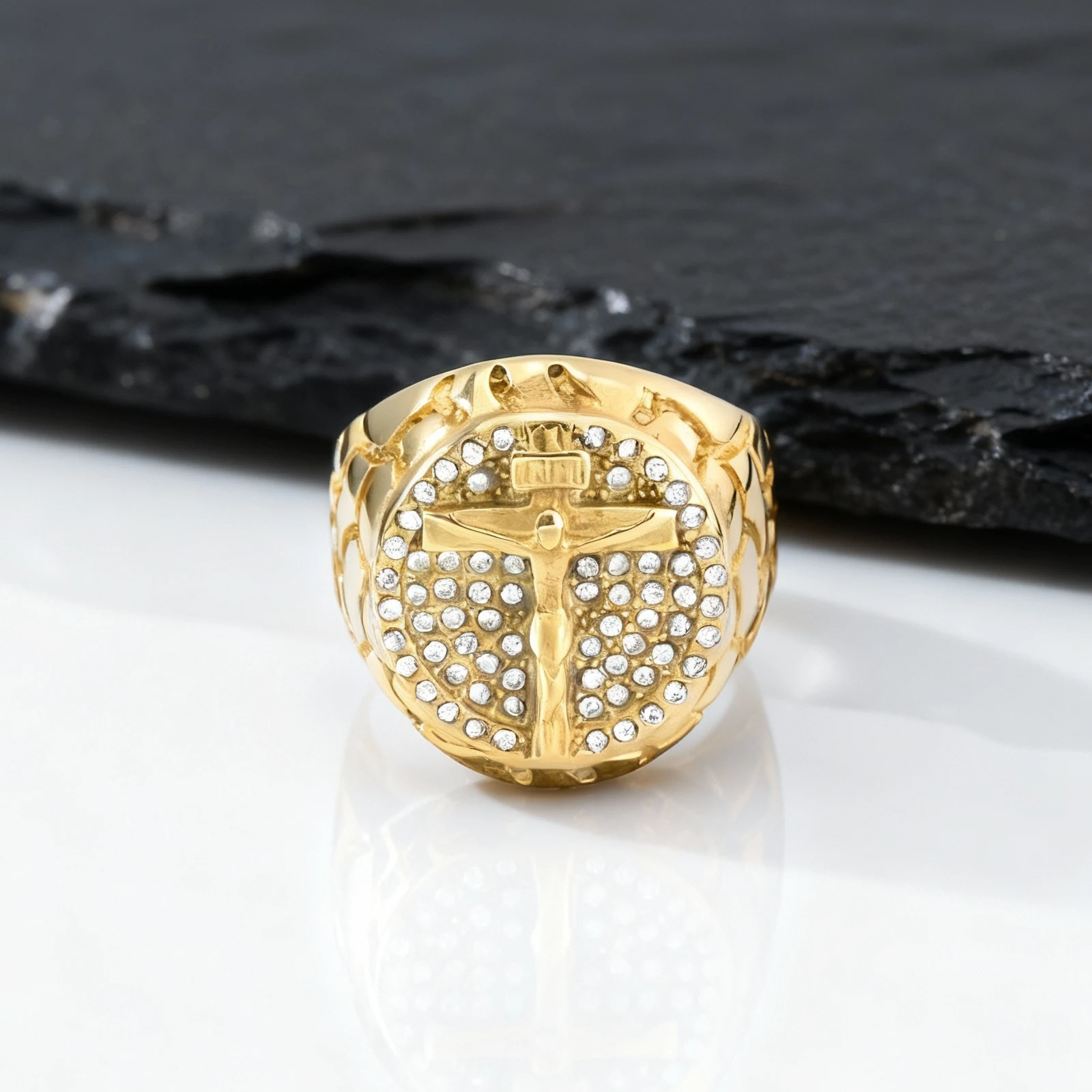 Gold Color Crucifix Jesus Cross Rings for Men,Hip Hop Stainless Steel Signet Ring with Full Rhinestone,Rapper Party Jewelry Gift view 6
