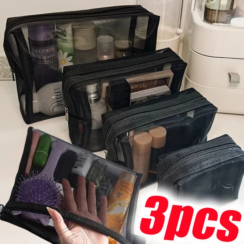 3Size Black Makeup Bags Small Large Mesh Transparent Cosmetic Bag Organizer for Cosmetics Storage Pencil Cases Neceser Pouch