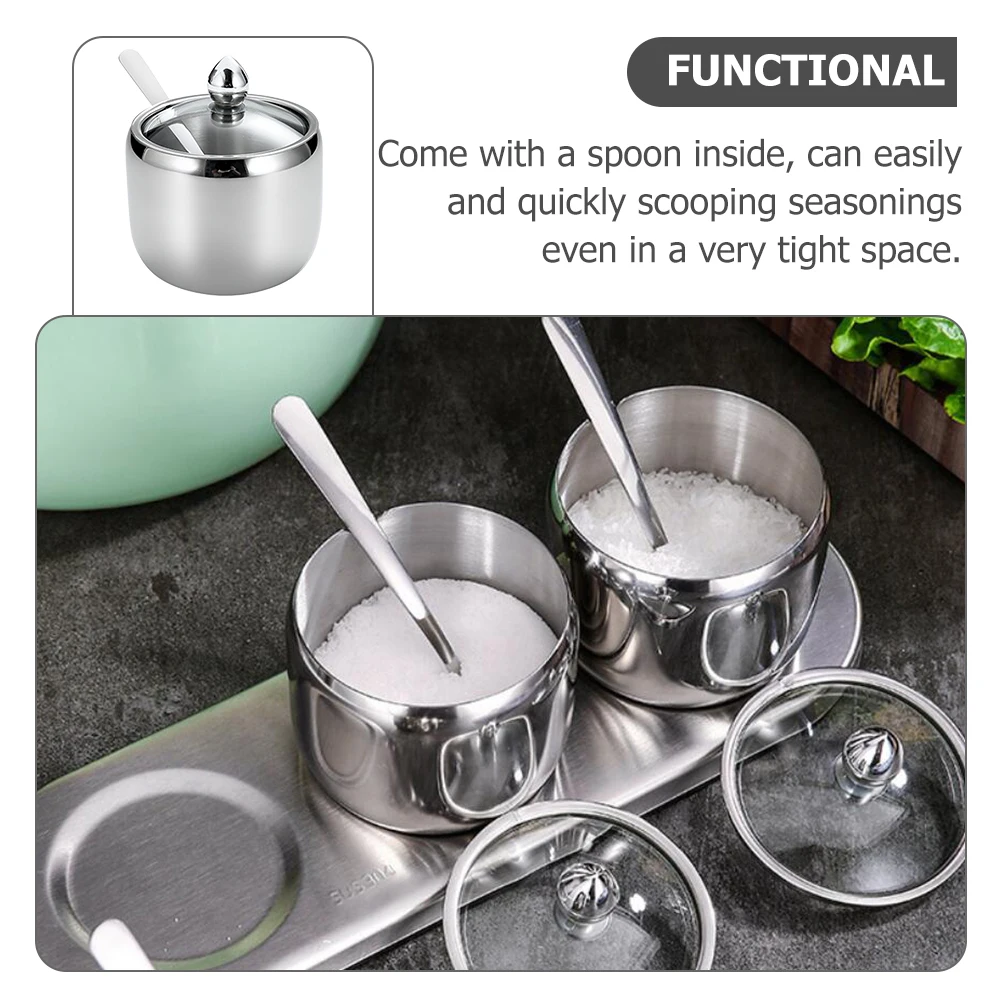 

Stainless Steel Spice Container Spoon Included Transparent Lid Kitchen Condiment Box Seasoning Storage Organizer