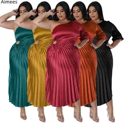 2023 New Fashion Sexy One Shoulder Lace-up Pleats Dress Women Half Sleeves Hollow Out Elegant Satin Party Evening Dresses