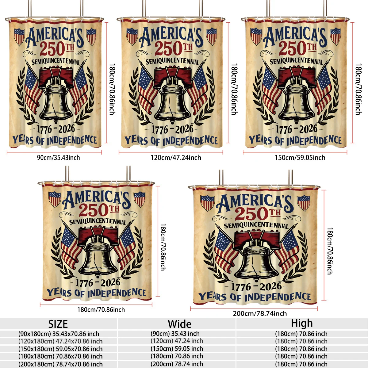 Vintage USA 250 Years Of Independence Celebration Liberty Bell American Flag Bath curtain, Cozy Soft Warm 