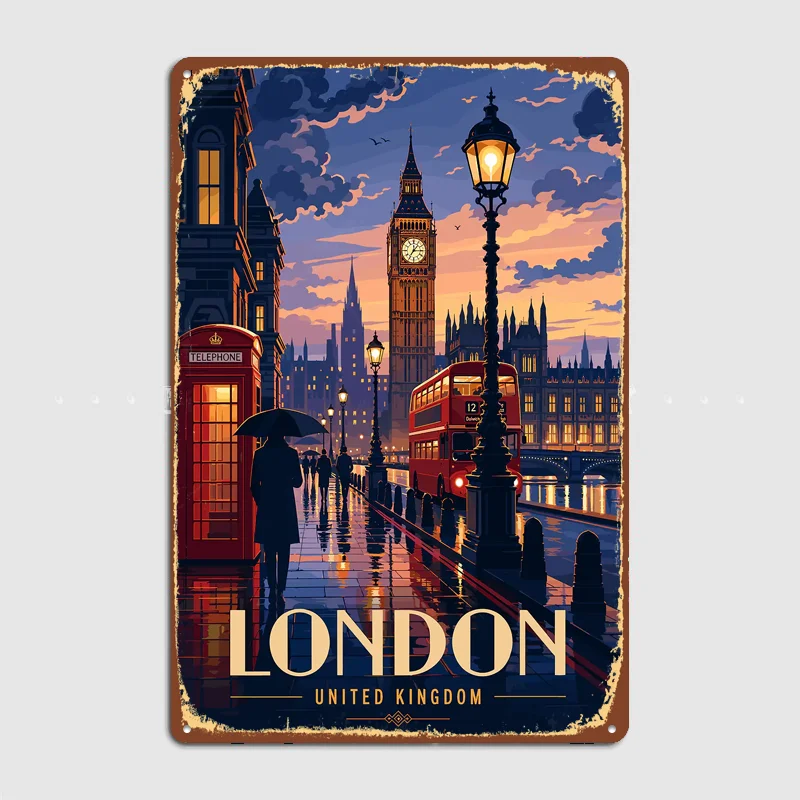 London Rainy Evening with Big Ben Poster Metal Custom Sign Living Room Indoor Decor Room Decoration Bedroom Posters Home Decor