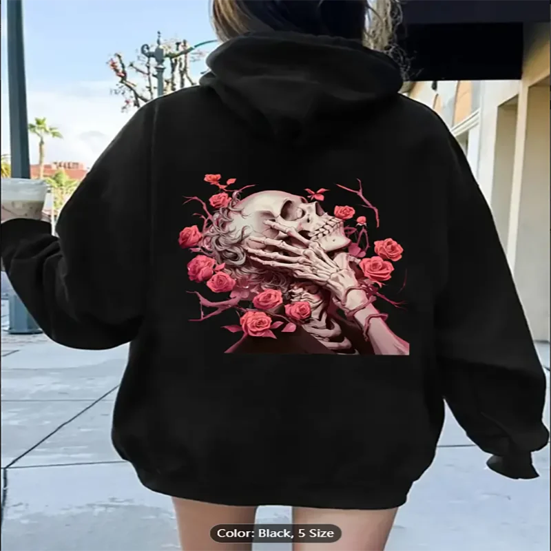 

Женская толстовка с черепом и розой на спине, графический принт, повседневная толстовка с капюшоном на шнурке для любителей готического стиля, чистый хлопок