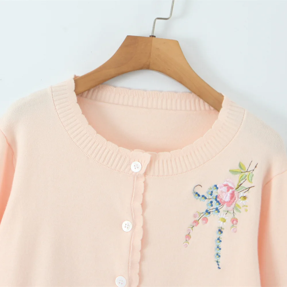 Frauen Bestickt Oansatz Lange Ärmeln Dünne Stricken Einreiher Mantel Tops Herbst Winter Weibliche Gestrickte Pullover Strickjacke Jacke