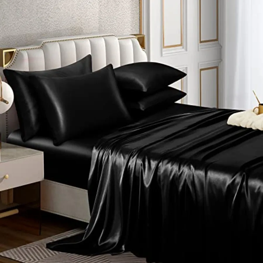 

6 Pcs Satin Sheet Set Size Luxury Silky and Soft Satin Bed Sheet Set with 16" Deep Pocket 1 Fitted Sheet 1 Flat Sheet 4 Pillowc