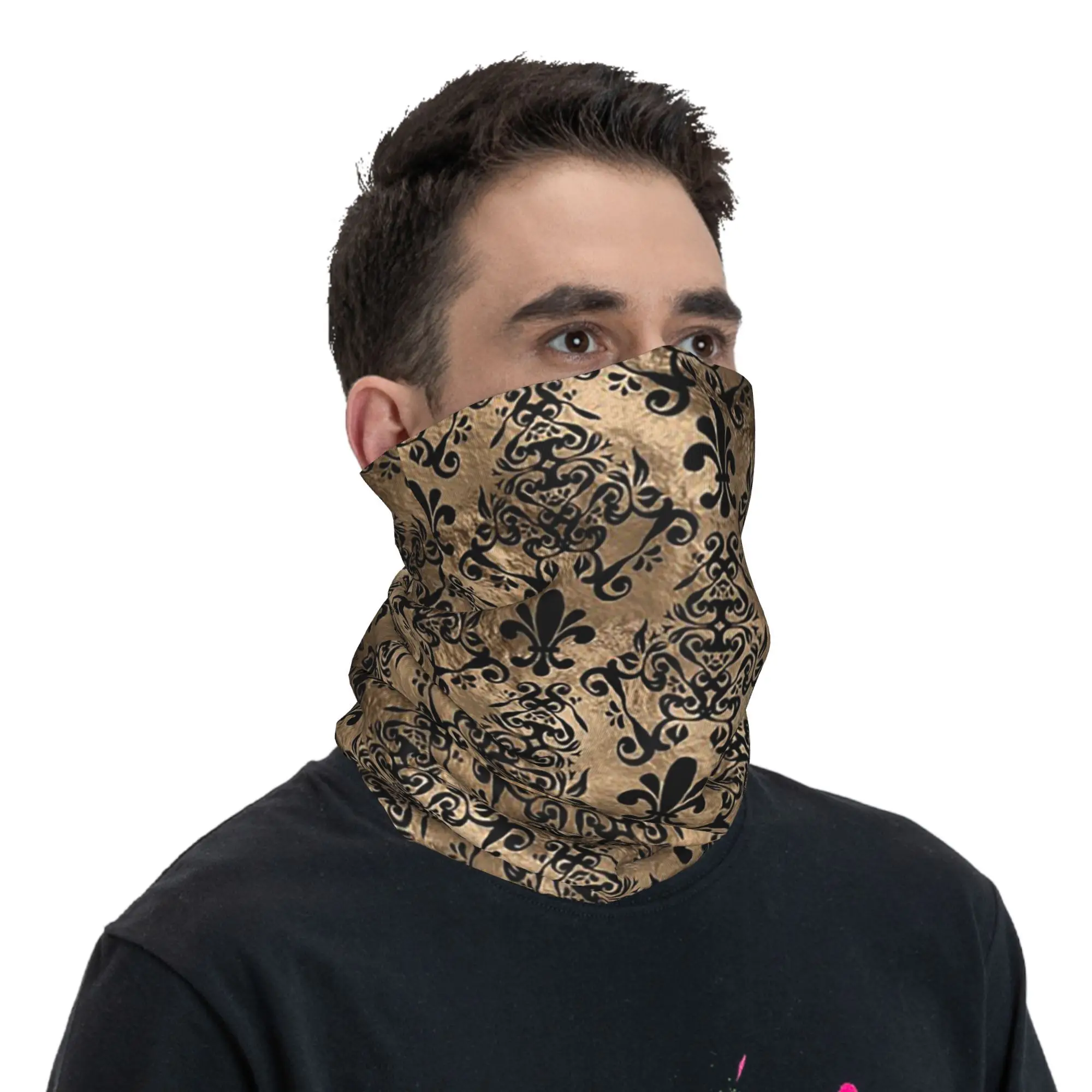 

Fleur de lis pattern black on gold Bandana Neck Gaiter Printed Mask Scarf Multi-use Headwear Outdoor Sports Unisex Washable