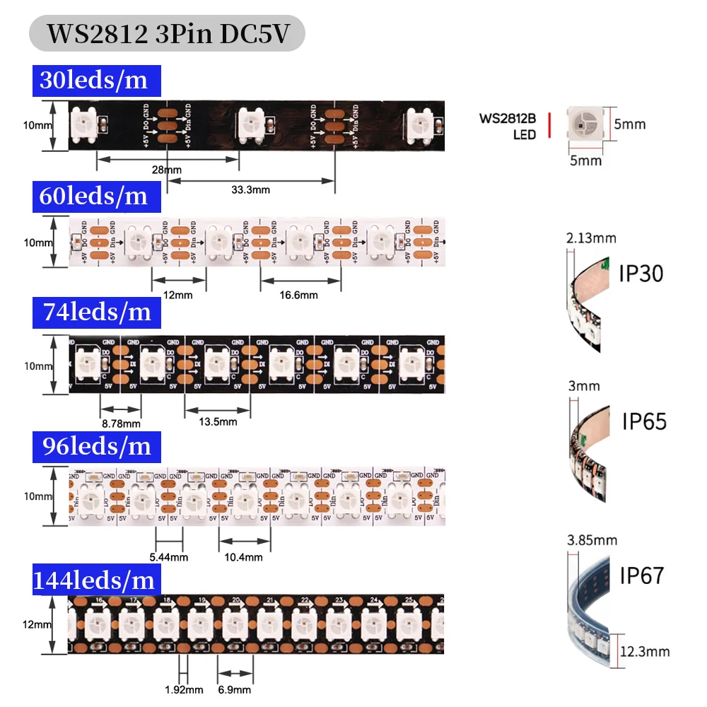 WS2812B WS2811 WS2813 WS2815 Taśma LED 30/60/144/Leds/m RGBIC pełnokolorowe ściemnialne elastyczne diody led do dekoracji wnętrz