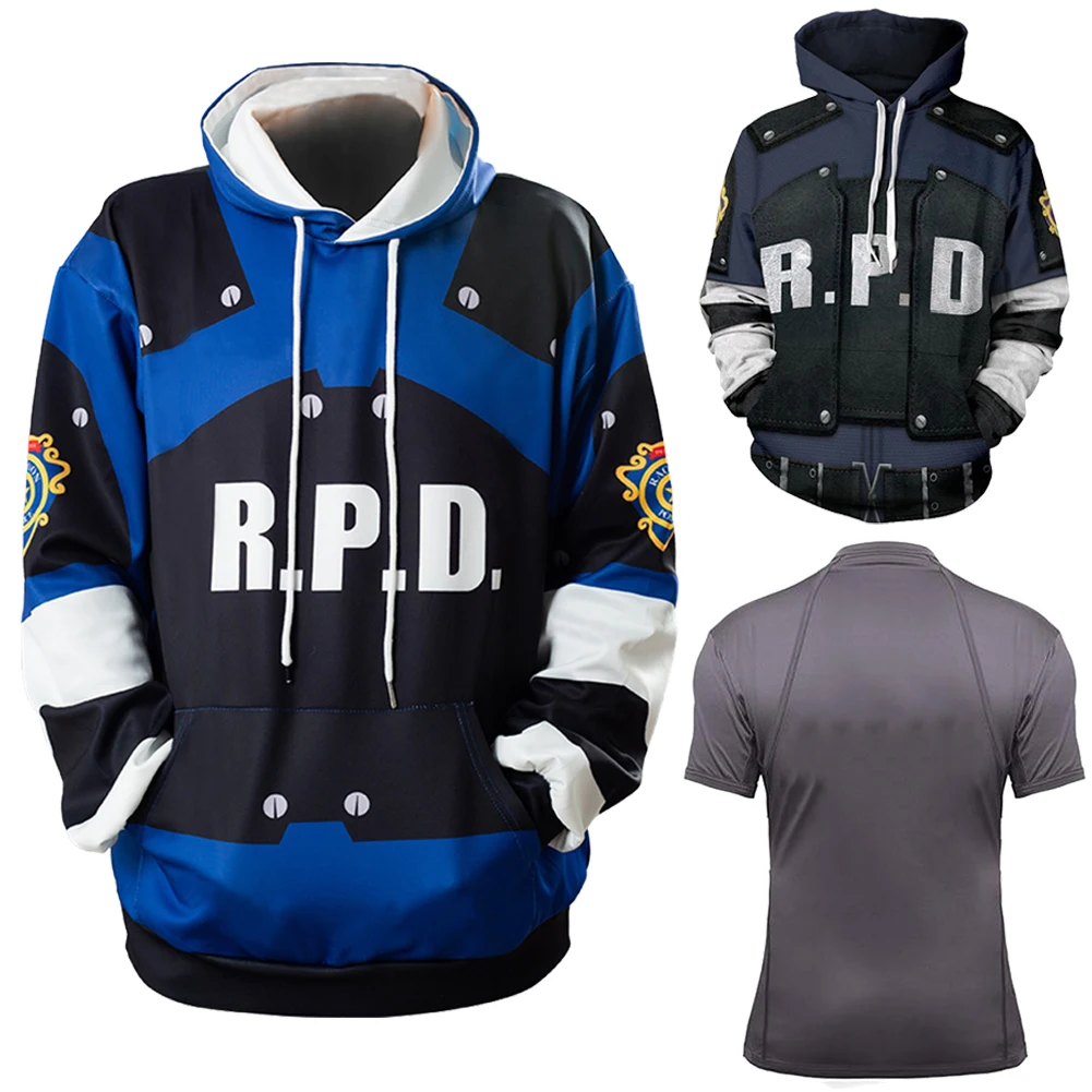 Leon Cosplay Fantasy Hoodie Men Costume Biohazard Game Hazard Bio Roleplay Fantasia Outfits Hooded Sweatshirt Casual Pullover