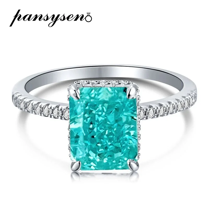 

PANSYSEN Luxury 925 Sterling Silver Radiant Cut 8*10MM Paraiba Tourmaline Ring for Women Engagement Party Fine Jewelry Wholesale