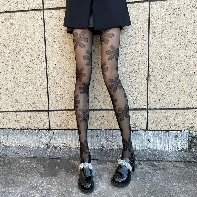 Sexy preto feminino meia-calça de seda vintage grande flor estampado lolita sheer meias meias meias leggings