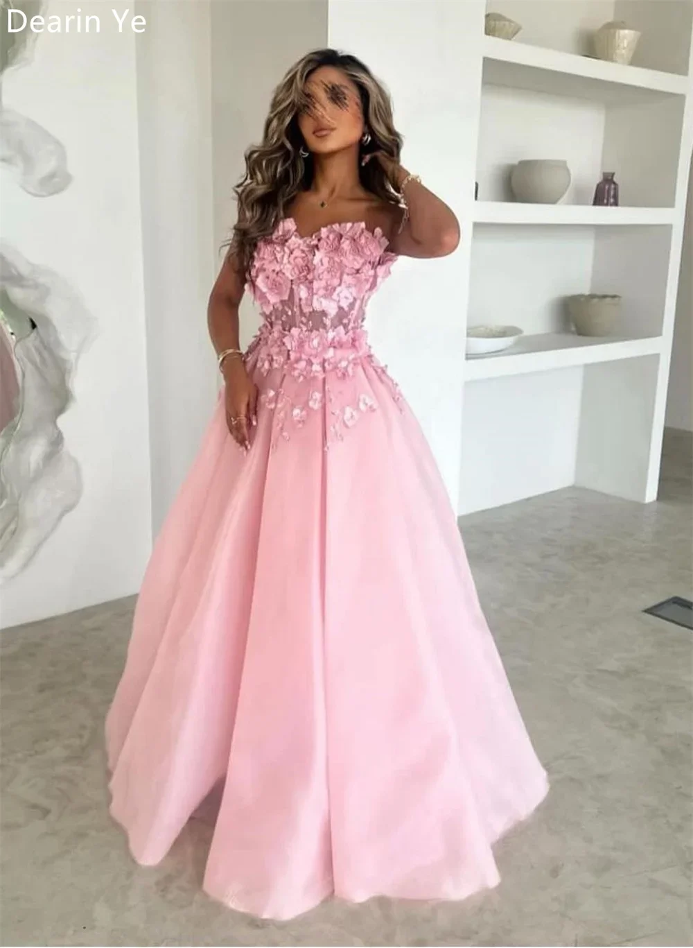 Evening Dress Prom Dearin Strapless Ball Floor Length Skirts Draped Tulle Sleeveless Applique Flower Bespoke Occasion Dresses Fo