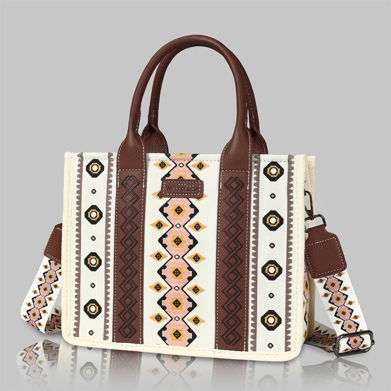 Large Capacity Bohemian Ladies Tote Bag Western Aztec Women Canvas Handbags with Wide Shoulder Strap Fashion Messenger Purse