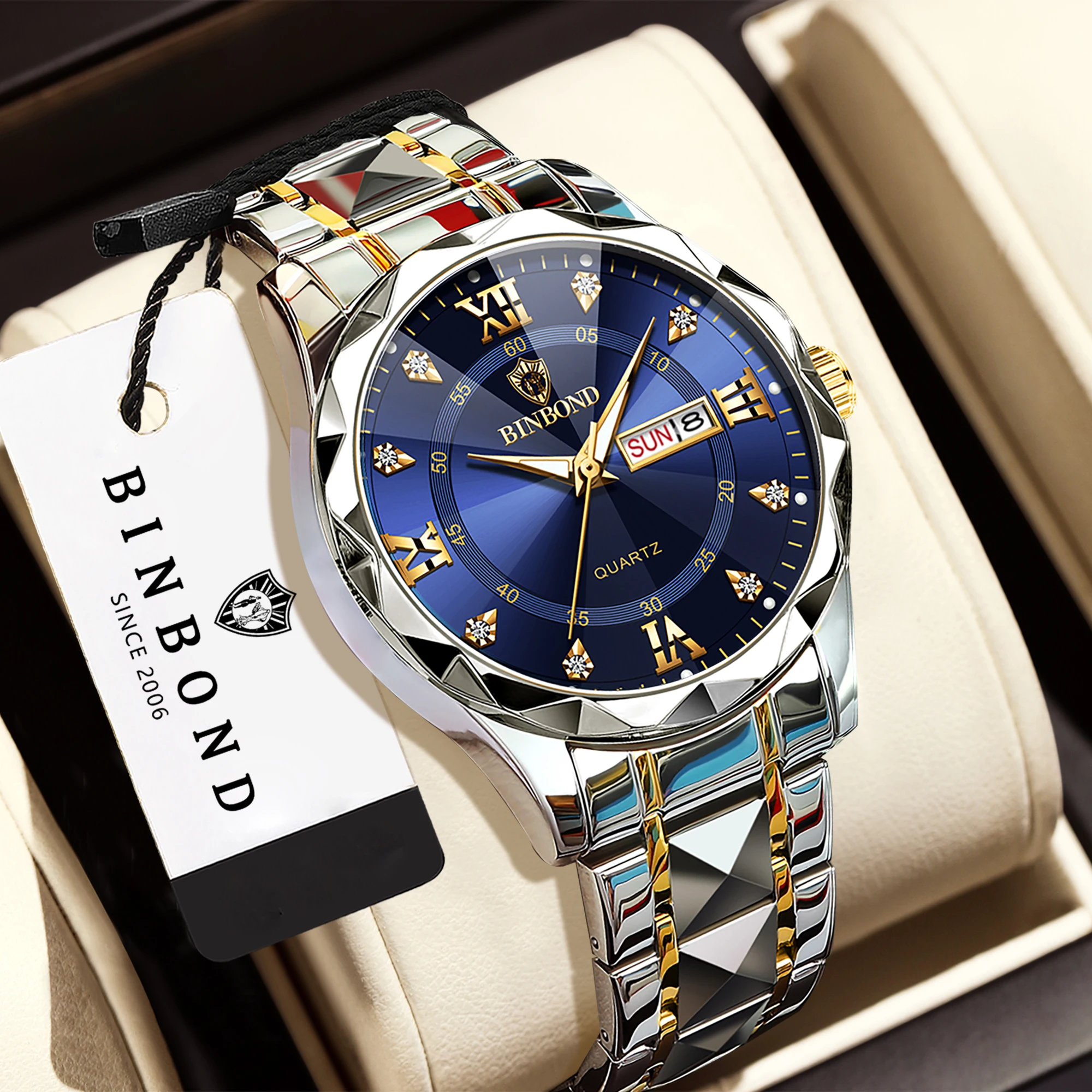 BINBOND Business Quartz Watches for Men Luxury Luminous Waterproof Week Display Auto Date Accurate Men's Watch Durable Reloj