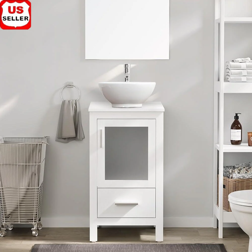 Compact Bathroom Vanity Sink Unit Freestanding Cabinet with Frosted Glass Door Drawer Storage Solution Limited Space