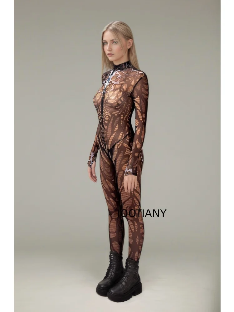 Luxuriöser Goldener Spiralblumen-Galaxie-Print Mesh-Bodysuit für Damen Sexy Cosplay Catsuit Rave Club Nachtclub Festival Mode-Jumpsuit – Detail 9