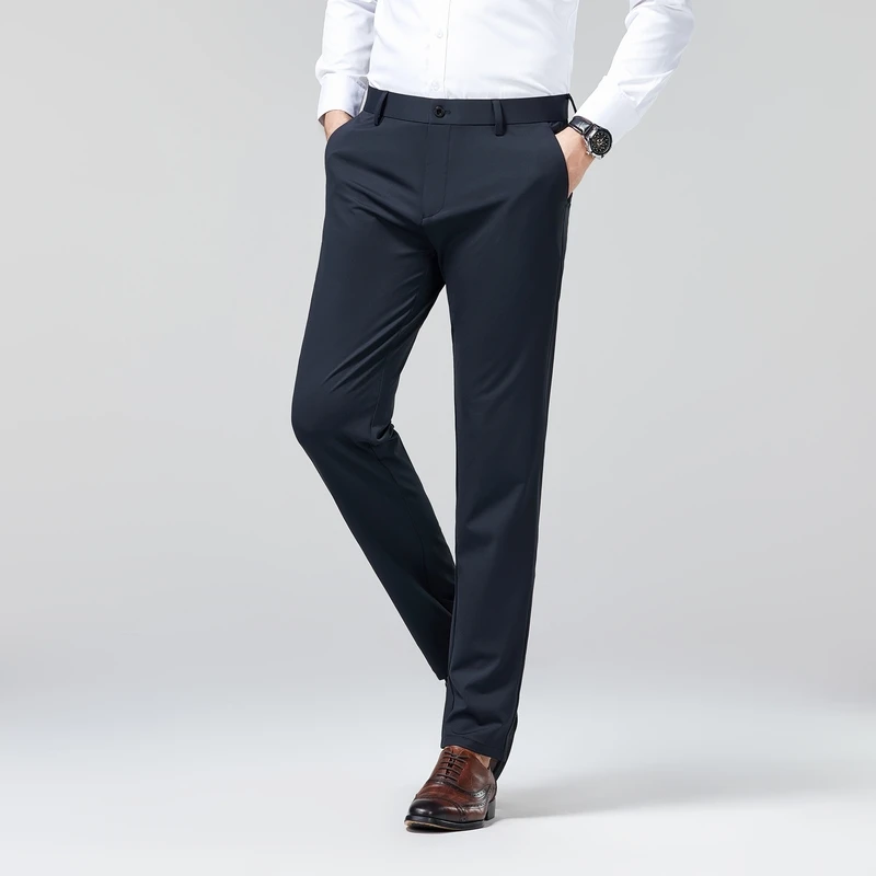 Commute Four Seasons Suit Pants 2024 Business Casual Elastic Men's Clothing Straight Solid Color Button Basic Casual Trousers