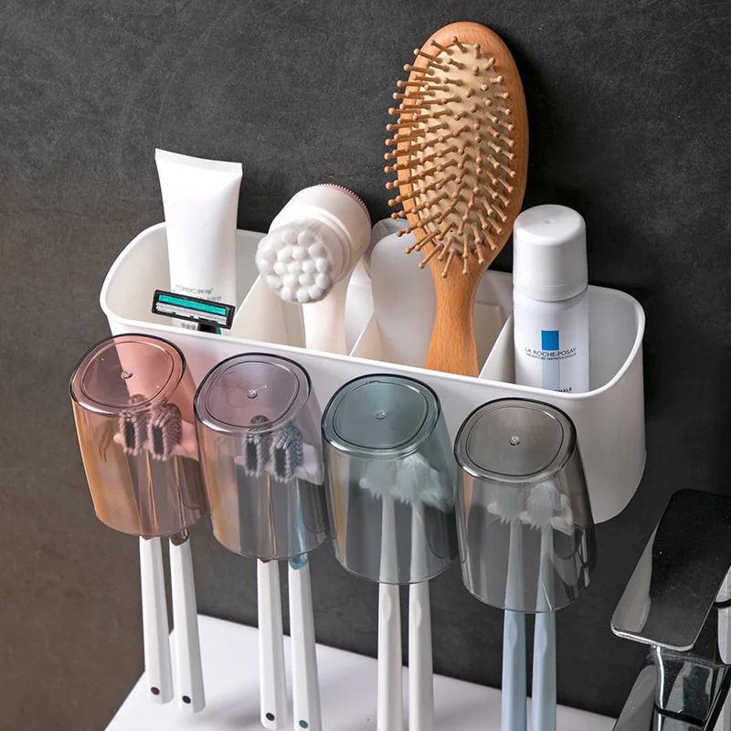 Toothbrush Holder Set Without Punching Wall-mounted Toothpaste Squeezer Toothbrushing Mouthwash Cup Bathroom Storage Box